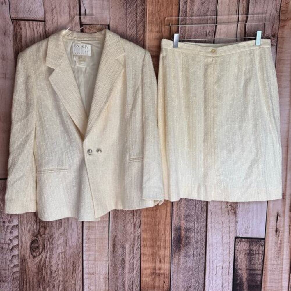 Escada Couture Skirt Suit Set Ivory Metallic Blazer Size 42 Formal Evening Event